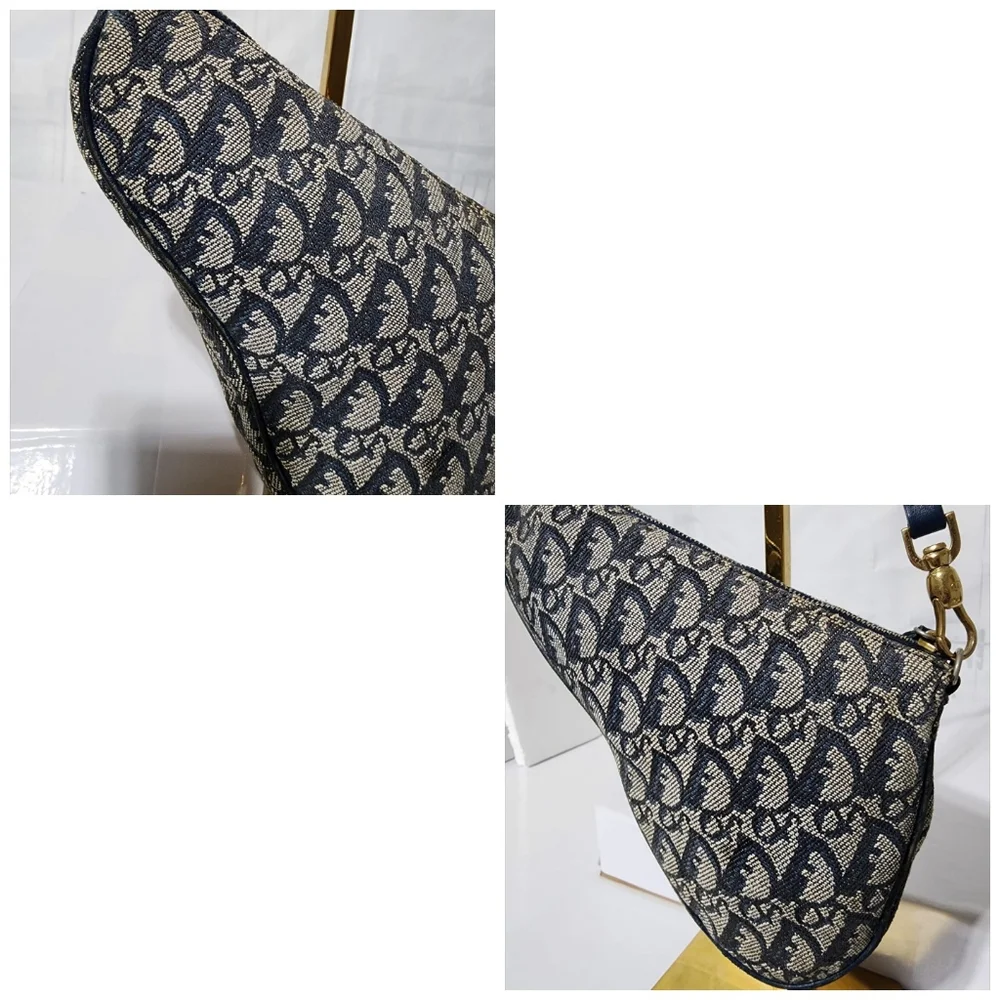 Christian Dior Vintage Oblique Canvas and Leather Saddle Pochette Bag Navy Blue/ - Picture 8 of 13